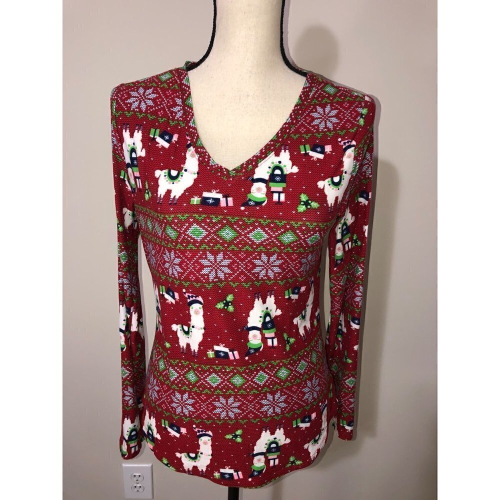 Christmas Llamas Knit Top Juniors Size L Long Sleeve Soft Stretchy Holiday